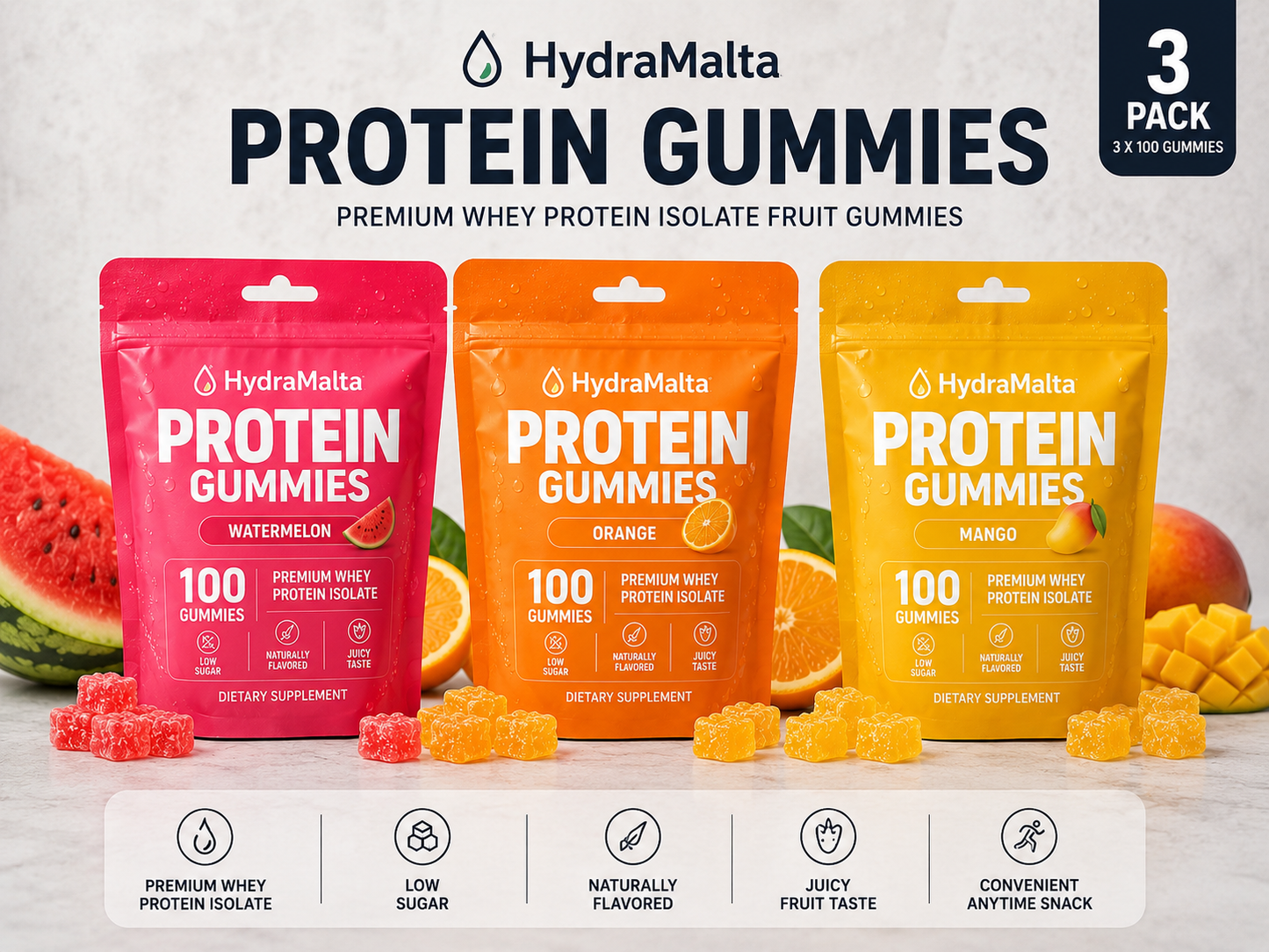 HydraMalta Protein Gummies 3 Pack – Complete Fruit Protein Bundle (300 Gummies)